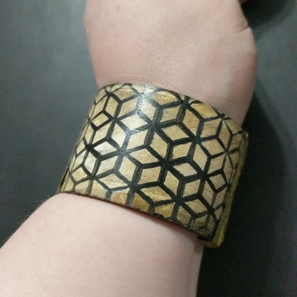 Brown and Gold Cubist Design Hinged Pin Cuff Statement Bracelet - India - Picture 2 of 5